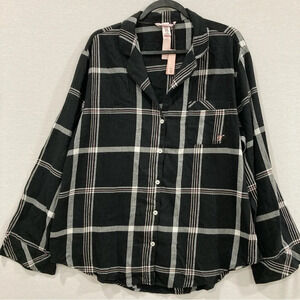 New Victoria's Secret Black White Plaid Long Sleeve Button Down‎ Large